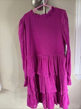 Girls Tiered Ruffled Long-Sleeve Dress in Fuchsia